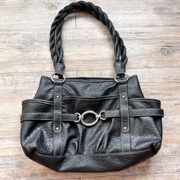 Handbags - Y2K Black Faux Leather Shoulder Bag Braided Strap Silver Hardware Purse Grunge